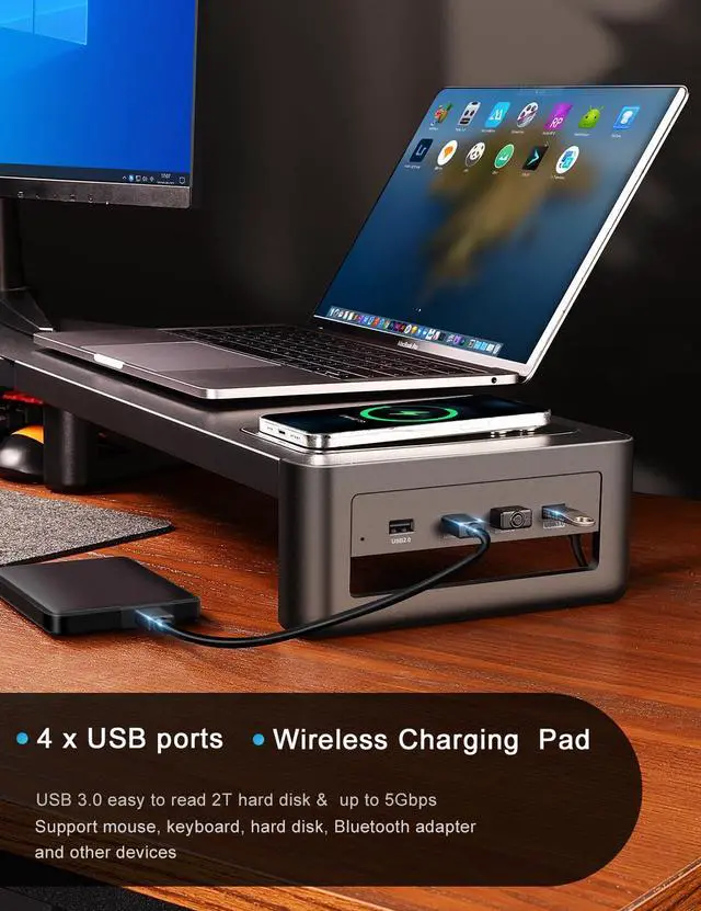 Alt view image 2 of 5 - EAXBUX Monitor Stand with Wireless Charging and 4 USB Ports, Steel Monitor Stands for 3 Monitors, Metal Computer Stand Riser for Desk, Office, Laptop, PC up to 32 Inches (Black)