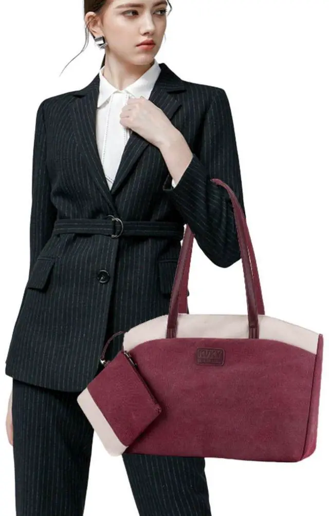 Alt view image 2 of 5 - Wxnow Women Laptop Tote Bag Canvas Handbag Purse Shoulder Bag (D-Claret-red)