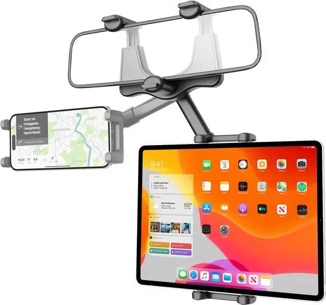 Main image of Wukanleng Tablet Holder for Car Rear View Mirror, Retractable Rearview Mirror Phone Mount, 360°Rotatable GPS Holder Stand Compatible with iPad Pro 12.9 Air Mini, Samsung Galaxy Z, 4-12.9" Devices