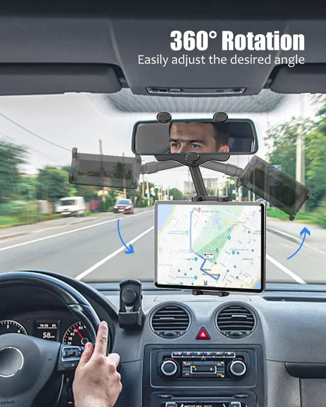 Alt view image 4 of 5 - Wukanleng Tablet Holder for Car Rear View Mirror, Retractable Rearview Mirror Phone Mount, 360°Rotatable GPS Holder Stand Compatible with iPad Pro 12.9 Air Mini, Samsung Galaxy Z, 4-12.9" Devices