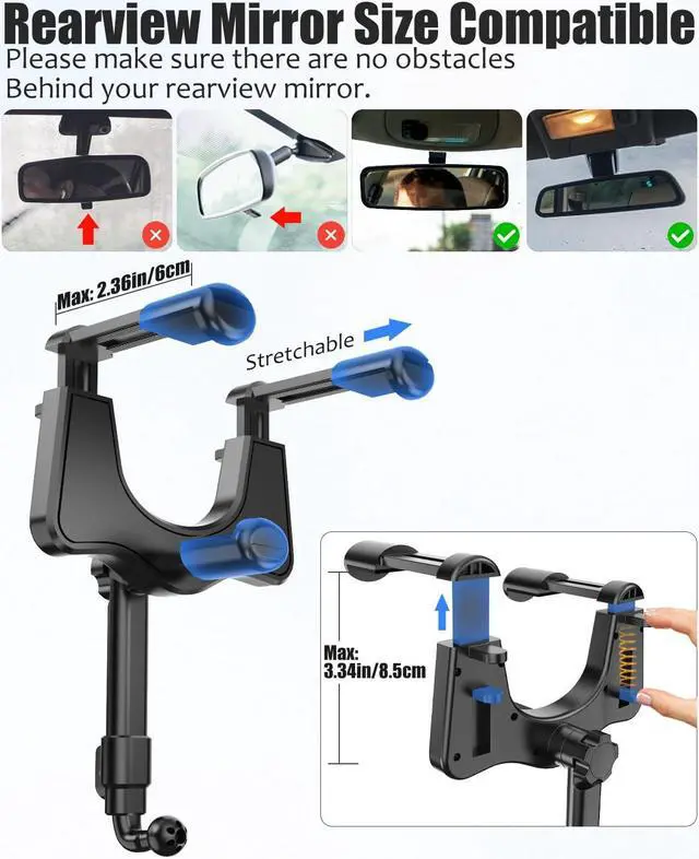 Alt view image 5 of 5 - Wukanleng Tablet Holder for Car Rear View Mirror, Retractable Rearview Mirror Phone Mount, 360°Rotatable GPS Holder Stand Compatible with iPad Pro 12.9 Air Mini, Samsung Galaxy Z, 4-12.9" Devices