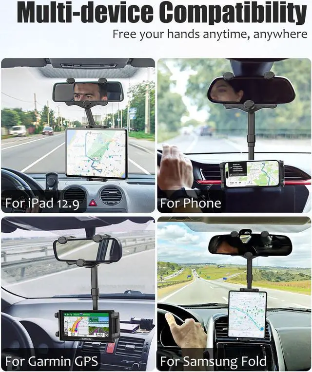 Alt view image 3 of 5 - Wukanleng Tablet Holder for Car Rear View Mirror, Retractable Rearview Mirror Phone Mount, 360°Rotatable GPS Holder Stand Compatible with iPad Pro 12.9 Air Mini, Samsung Galaxy Z, 4-12.9" Devices