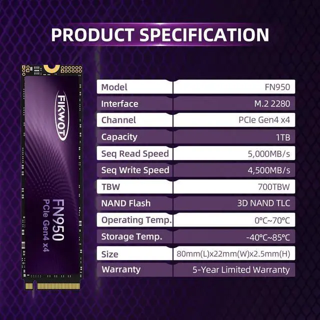 Alt view image 4 of 5 - Fikwot FN950 1TB NVMe SSD M.2 2280 PCIe Gen4x4, Up to 5000MB/s, Internal Solid State Drive, Configure SLC Cache, Storage and Memory Expansion for PS5 Laptop Desktop