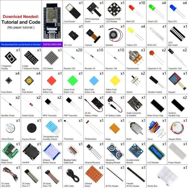 Alt view image 2 of 5 - FREENOVE Ultimate Starter Kit for ESP32-WROVER CAM (Included), Dual-core 32-bit 240 MHz Microcontroller, Onboard Camera Wireless, Python C Java, 795-Page Detailed Tutorial, 240 Items, 122 Projects