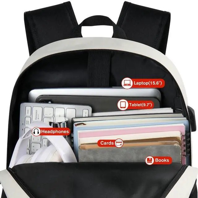 Alt view image 4 of 5 - YAMTION School Backpack,Bookbag Teen Boys and Girls Black Beige