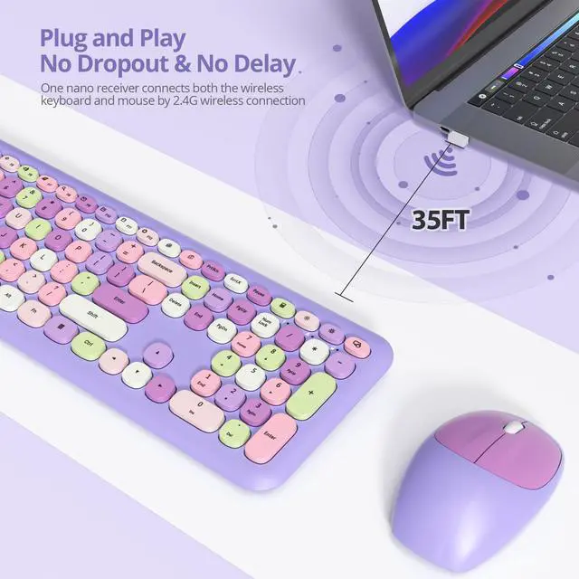 Alt view image 3 of 5 - iTastatur Typewriter Wireless Keyboard and Mouse Combo,2.4G Office 104 Keys Full Size Retro Punk,Cute Purple Silent with Round Keycaps for Laptop PC Desktops (Purple Mix)