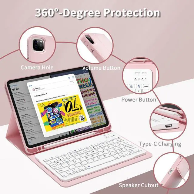 Alt view image 2 of 5 - GKABXY Keyboard Case for iPad Pro 11 inch (4th/3rd/2nd/1st Gen) 2022/2021/2020/2018, Detachable Wireless Bluetooth Keyboard Case with Pencil Holder for iPad Pro 11", Auto Sleep/Wake (Pink)