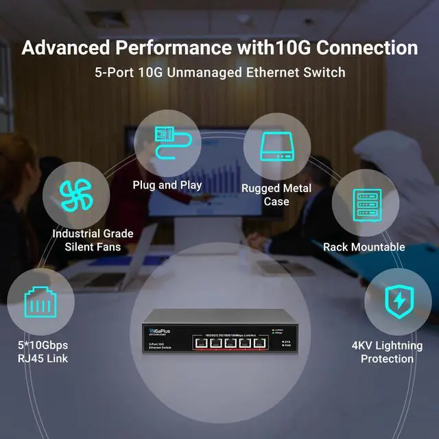Alt view image 4 of 5 - 5-Port 10Gb Ethernet Switch Unmanaged with 5 x 10G RJ45 Ports, GiGaPlus 10Gbe Network Switch Easy for 10G NAS, PC, WiFi7 Routers, 10G NIC/Adapters. 100Gbps Switching Capacity. Desktop/19-inch Rack