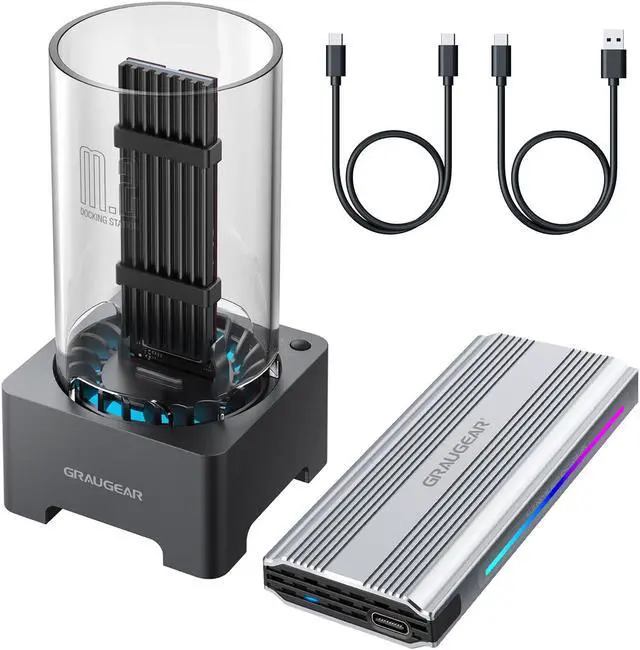 Main image of GRAUGEAR M.2 External Cases Bundle of M.2 NVMe/SATA SSD Docking Station with Built-in Cooling Fan and M.2 NVMe SSD Enclosure with RGB Light Strips