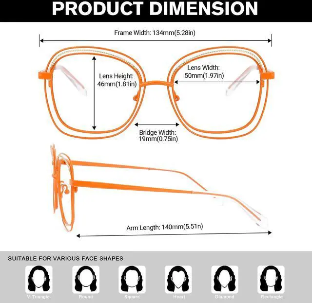 Alt view image 5 of 5 - Zeelool Square Blue Light Blocking Glasses, Metal Frame Glasses for Women Eyeglasses with Clear Lens Anti Eyestrain & UV from Computer/TV/Phone ZJGM923220-02B Orange