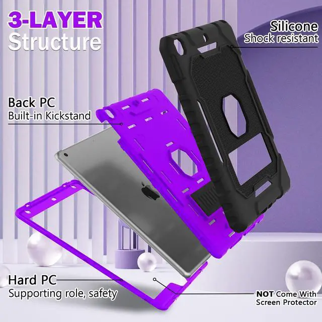 Alt view image 5 of 5 - ZoneFoker Case for iPad 9th/8th/7th Generation 2021/2020/2019(10.2 inch), Heavy Duty Military Grade Shockproof Rugged Protective 10.2" Cover with Built-in Stand for iPad 9 8 7 Gen(Black+Purple)