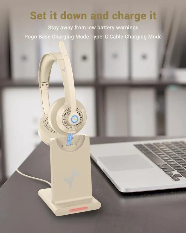 Alt view image 2 of 5 - Wireless Headset with AI Noise Cancelling Microphone Bluetooth Headset - Bluetooth V5.2 Headphones with USB Dongle, Charging Base & Mic Mute for Computer/Laptop/PC/iPhone/Android/Cell Phones-Apricot