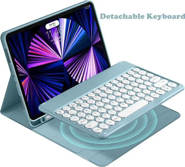 Alt view image 3 of 5 - Keyboard Case for Galaxy Tab S9 FE/ S9 / S8 / S7 11 Inch with S Pen Holder, Slim Cover with Round Key Cute Candy Magnetic Detachable Keyboard, Purple