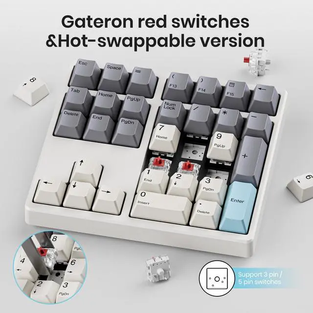 Alt view image 5 of 5 - Kisnt Wireless Number Pad, Hot Swappable Mechanical Numpad,34 Keys 2.4GHz Rechargeable Numeric Keypad with PBT Keycaps for Laptop, Mac, PC Desktop