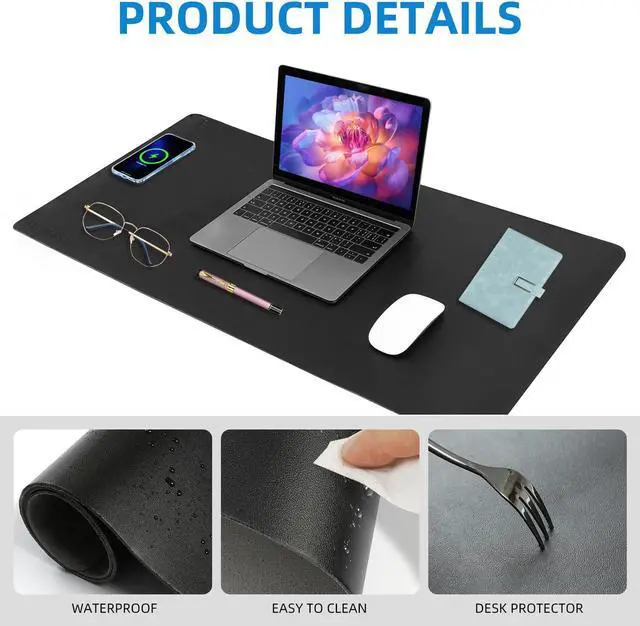 Alt view image 3 of 5 - Wireless Charging Mouse Pad with for Desktop Charging Large Desk Mat 36"x17" Waterproof Black Leather Computer Mat Mousepad Non-Slip Protector on Top of Desks for Keyboard and Mouse(Black-R)