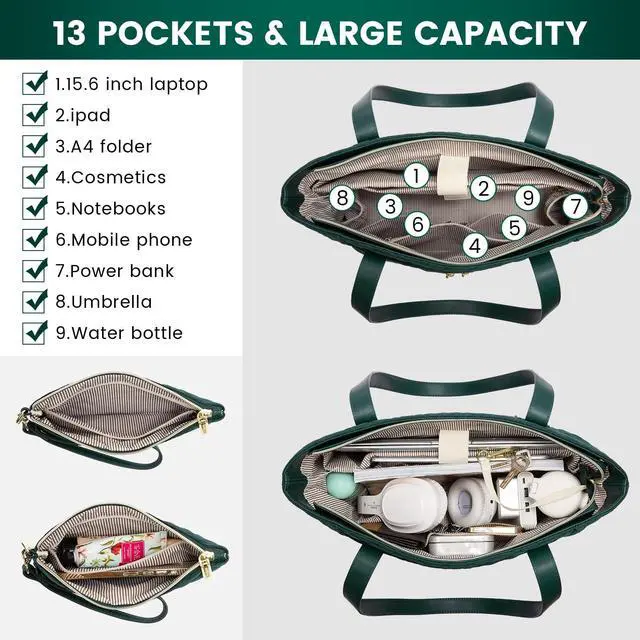 Alt view image 2 of 5 - LOVEVOOK Laptop Bag for Women 17 inch,Diamond Quilted Work Tote Bags Womens Laptop Tote Bag Computer Shoulder Bags,Stylish Travel Tote Bag Laptop Purse Briefcase Handbag with Clutch Purse,Dark Green