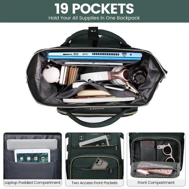 Alt view image 2 of 5 - LOVEVOOK Laptop Backpack for Women,18 Inch Professional Womens Travel Backpack Purse Computer Laptop Bag Nurse Teacher Backpack,Waterproof College Work Bags Carry on Back Pack with USB Port,Dark Green
