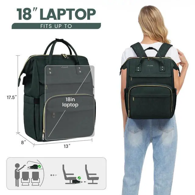 Alt view image 5 of 5 - LOVEVOOK Laptop Backpack for Women,18 Inch Professional Womens Travel Backpack Purse Computer Laptop Bag Nurse Teacher Backpack,Waterproof College Work Bags Carry on Back Pack with USB Port,Dark Green