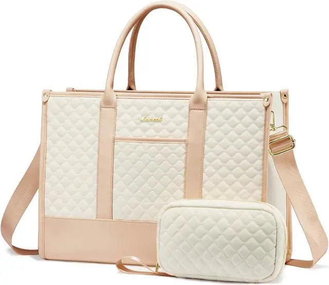 Main image of LOVEVOOK Laptop Bags for Women, 15.6 inch Waterproof Work Tote Bag with Clutch, Professional Teacher Computer Purse Lightweight Shoulder Bag Travel, Quilted Beige & Brown