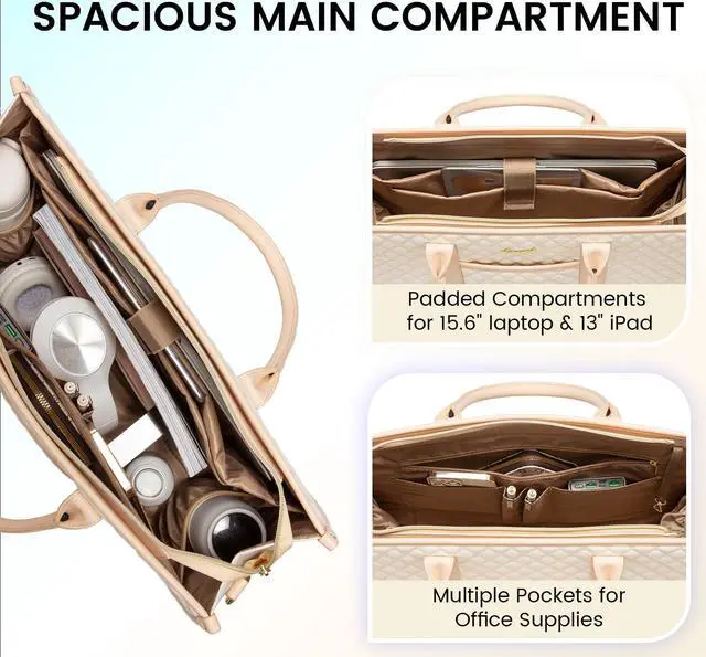 Alt view image 2 of 5 - LOVEVOOK Laptop Bags for Women, 15.6 inch Waterproof Work Tote Bag with Clutch, Professional Teacher Computer Purse Lightweight Shoulder Bag Travel, Quilted Beige & Brown