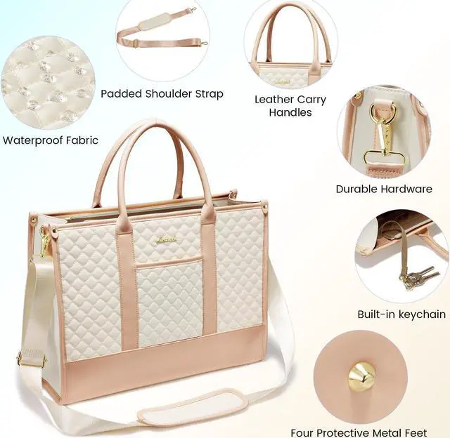 Alt view image 4 of 5 - LOVEVOOK Laptop Bags for Women, 15.6 inch Waterproof Work Tote Bag with Clutch, Professional Teacher Computer Purse Lightweight Shoulder Bag Travel, Quilted Beige & Brown