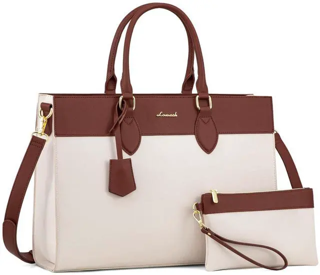 Main image of LOVEVOOK Laptop Tote Bag for Women, 15.6 inch Work Bag Purse, Waterproof Leather Women Business Office Briefcase, Beige-Brown
