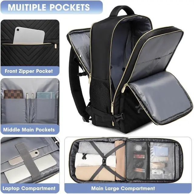 Alt view image 4 of 5 - Large Carry On Travel Backpack - Flight Approved Waterproof Luggage Suitcase Backpacks Personal Item Size for Women Fit 17 Inch Laptop College Overnight Weekender Bag With 3 Packing Cube Black