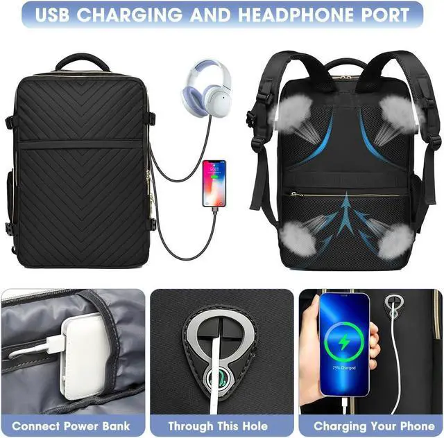 Alt view image 5 of 5 - Large Carry On Travel Backpack - Flight Approved Waterproof Luggage Suitcase Backpacks Personal Item Size for Women Fit 17 Inch Laptop College Overnight Weekender Bag With 3 Packing Cube Black