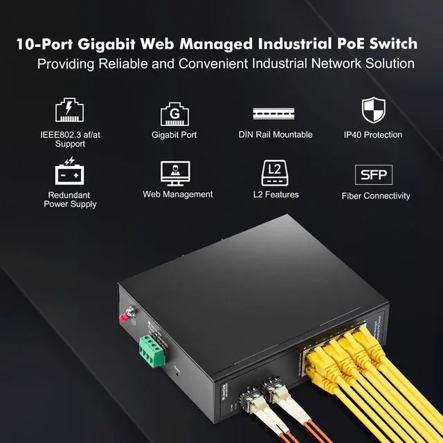 Alt view image 2 of 5 - MokerLink 8 Port PoE Gigabit Industrial DIN-Rail Ethernet Switch Managed, 2 SFP Ports, IEEE802.3af/at, 20Gbps Switching Capacity, Web Managed IP40 Network Switch (-40 to 185°F)