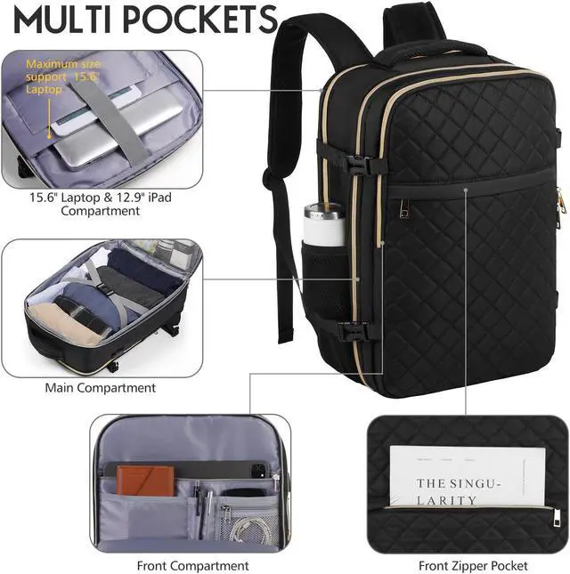 Alt view image 2 of 5 - MOMUVO Travel Backpack for Women, Carry On Backpack Airline Approved with 3 Packing Cubes, 15.6 Inch Laptop Backpack with USB Charging Port, Casual Daypack for Weekender Business College, Black