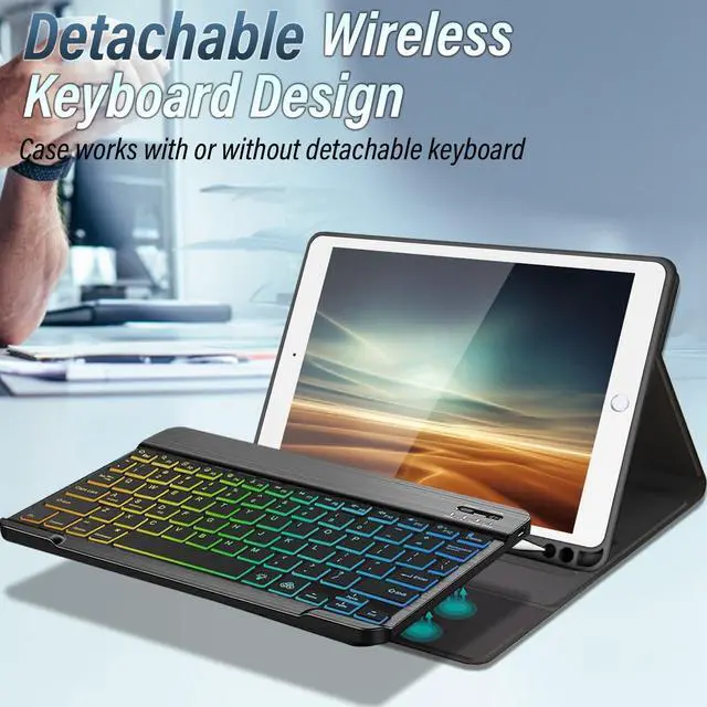 Alt view image 4 of 5 - Nanhent Case with Keyboard for iPad 10.2" 9th Generation/8th Gen/7th Gen, 7 Color Rainbow Backlight Detachable Bluetooth Keyboard Cover with HD Screen Protector for iPad 10.2 Inch (iPad 7/8/9 Gen)