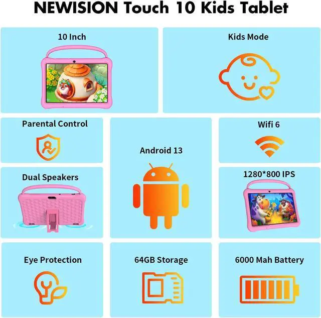 Alt view image 2 of 5 - NEWISION 10 inch Android 13 Tablet for Kids, Tabletas with Handheld 64GB,Parental Control,Kids App Pre-Installed, Educational Toddler Tablets WiFi, Bluetooth, 6000mAh, Dual Camera(Pink)