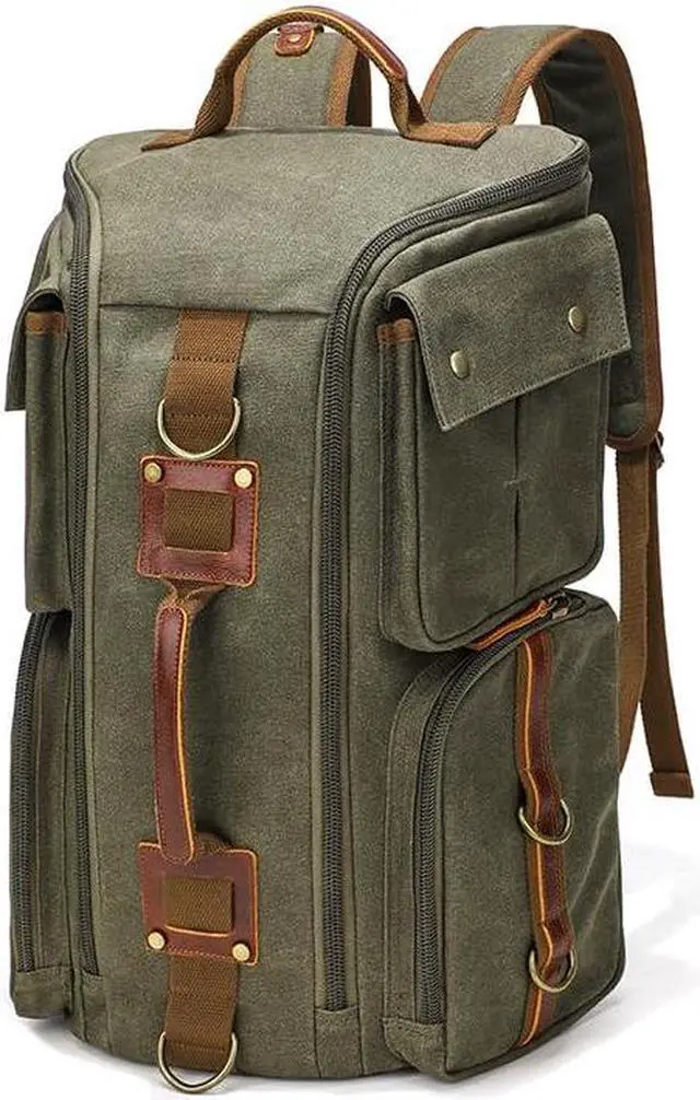 Main image of peacechaos Heavy-Duty Waxed Canvas Backpack for Men, 17 Inch Laptop Rucksack with Genuine Leather, Multi-Pocket Travel Bag for Work, Hiking, and Camping