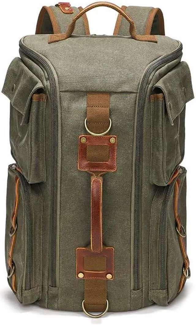 Alt view image 2 of 5 - peacechaos Heavy-Duty Waxed Canvas Backpack for Men, 17 Inch Laptop Rucksack with Genuine Leather, Multi-Pocket Travel Bag for Work, Hiking, and Camping