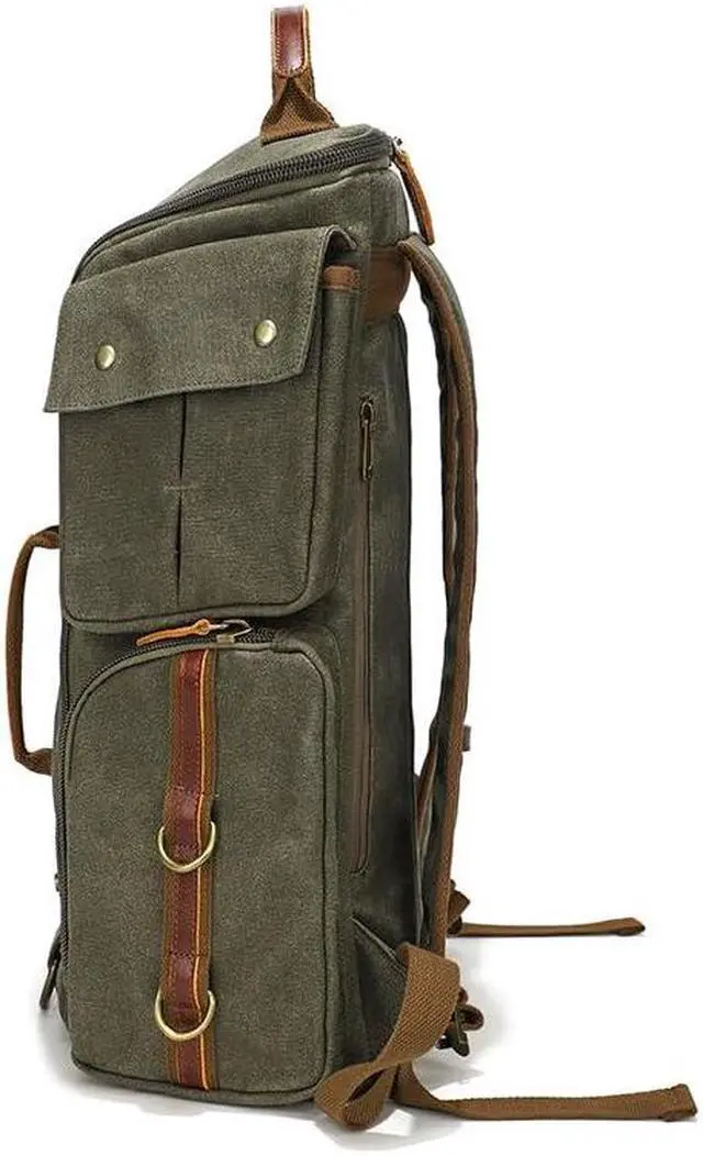 Alt view image 3 of 5 - peacechaos Heavy-Duty Waxed Canvas Backpack for Men, 17 Inch Laptop Rucksack with Genuine Leather, Multi-Pocket Travel Bag for Work, Hiking, and Camping