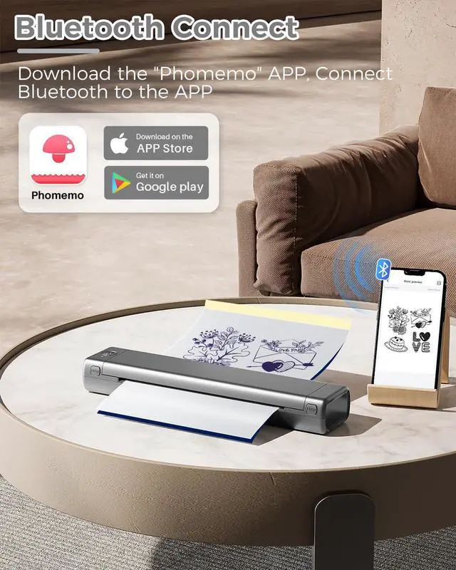 Alt view image 2 of 5 - Phomemo M08F Bluetooth Tattoo Stencil Printer & Tattoo Transfer Paper - 110 Sheets A4 Size Portable Wireless Stencil Printer for Tattooing, Compatible with Smartphone & PC, Grey