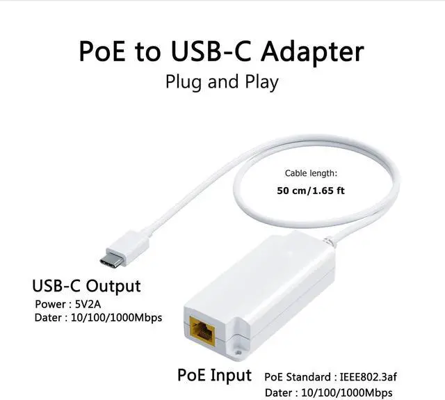 Alt view image 2 of 5 - Gigabit PoE to USB C Converter for Smart Phone/Tablet, USB-C to Ethernet Adapter with 10W Charging, Power & Data 2-in-1 RJ45 Port to Type-C Adapter, 10/100/1000Mbps High Speed Plug & Play,IEEE802.3af
