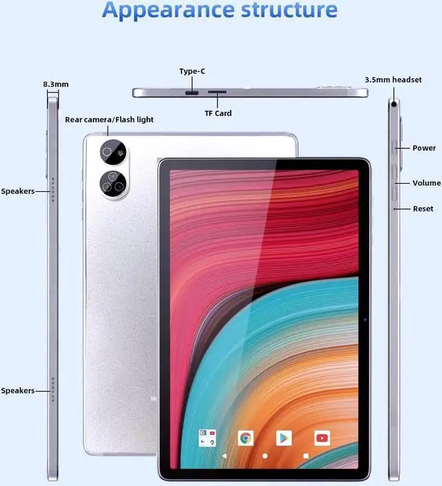 Alt view image 2 of 5 - JXCNSNW Android Tablet 10.1" inch, 4G LTE Dual SIM, 16GB RAM,256GB Storage,Supports Extend 1TB, IPS Touchscreen,Dual Camera, WiFi/WLAN/Bluetooth/GPS,TYD-109 (Silver, 256 GB)