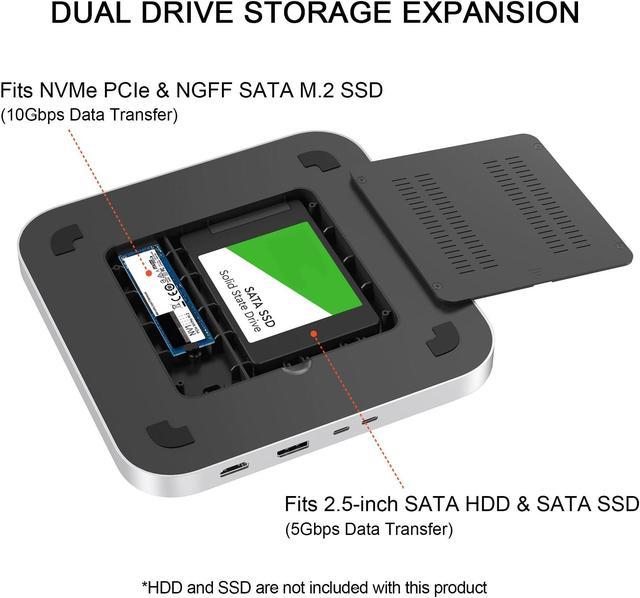 Qwiizlab Dual Drive Enclosure with Docking Station for Mac Mini, 10Gbps  USB-C Hub for Mac Studio, Card Readers 104MB/s, 4K HDMI & DP, Fits M.2 NVMe/ SATA SSD, 2.5-inch SATA SSD/HDD (Silver) -