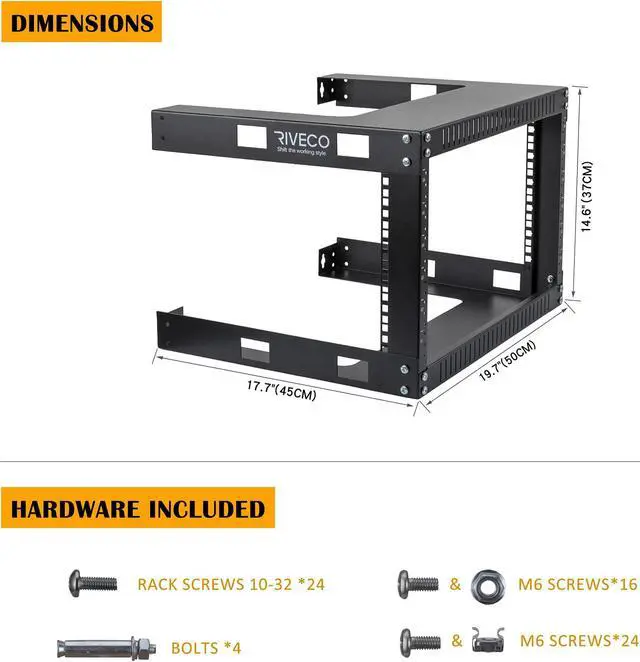 Alt view image 3 of 5 - RIVECO 6U WF Wall Mount Rack for Network & Stereo + PDU 6 Outlets & 2 USB Ports Power Strip for Racks & Cabinets...