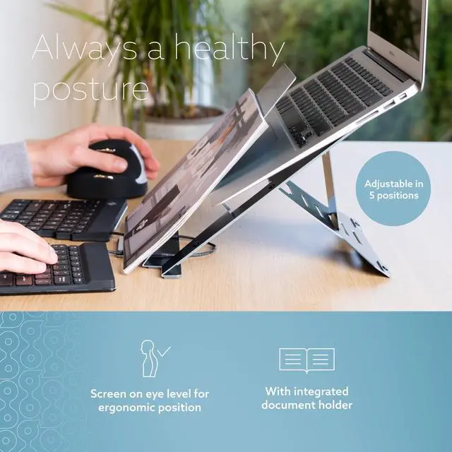 Alt view image 2 of 5 - R-Go Riser Ergonomic Laptop Stand with Document Holder - Folding and Adjustable Stand, Portable Laptop Riser, AGR Certified - Black