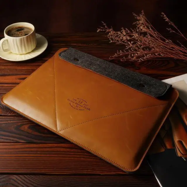 Alt view image 5 of 5 - Ronuo Laptop Vintage Leather & Fleece Sleeve for iPad Pro 12.9"/ MacBook Air Pro 13 15 inch 16-inch (Yellow Brown, 16-inch)