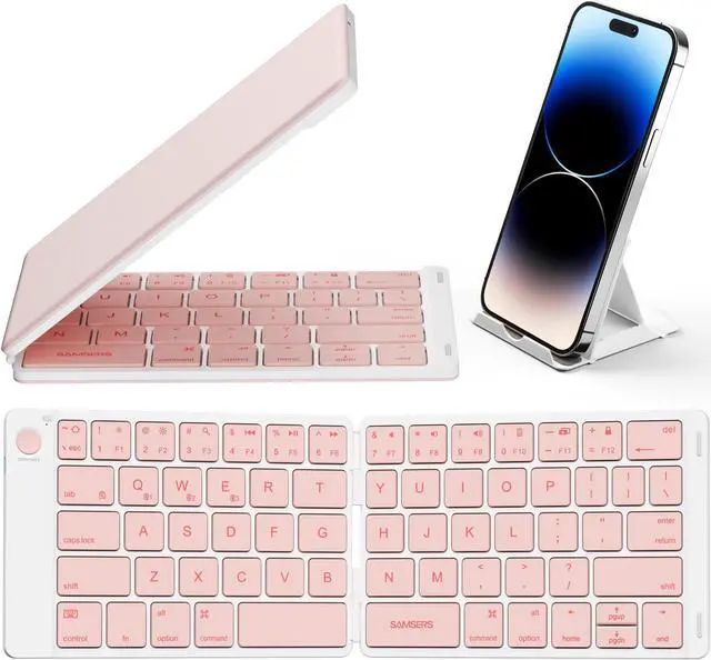 Main image of Samsers Bluetooth Foldable Keyboard - Wireless Portable Folding Keyboard, Full-Size Ultra-Slim Rechargeable Connect Up to 3 Devices for iOS, Android, Windows Phone, Tablet, Laptop - Pink