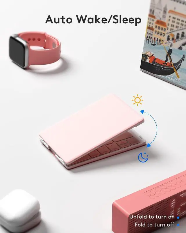 Alt view image 3 of 5 - Samsers Bluetooth Foldable Keyboard - Wireless Portable Folding Keyboard, Full-Size Ultra-Slim Rechargeable Connect Up to 3 Devices for iOS, Android, Windows Phone, Tablet, Laptop - Pink