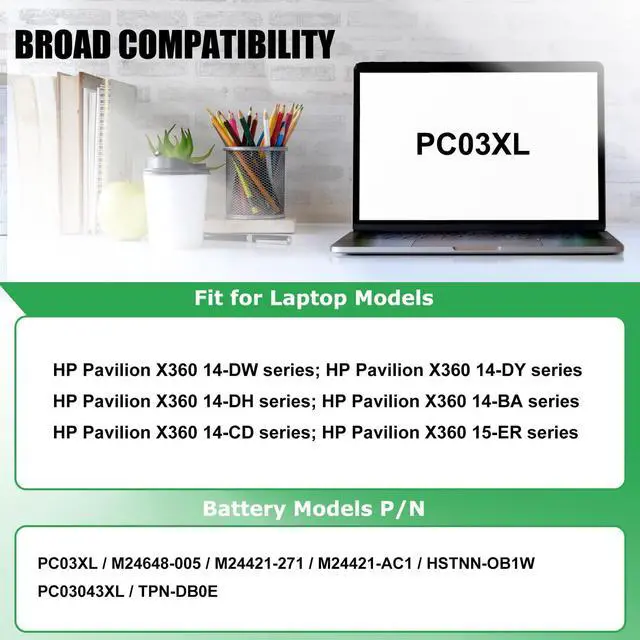 Alt view image 3 of 5 - RHKRKQN PC03XL Laptop Battery Replacement for HP Pavilion x360 14 Convertible PC 14-DW 14-DY 14-DH 14-BA 14-CD 15-ER Series Notebook M24421-271 M24421-AC1 M24648-005 HSTNN-OB1W TPN-DB0E 11.55V 43.3Wh