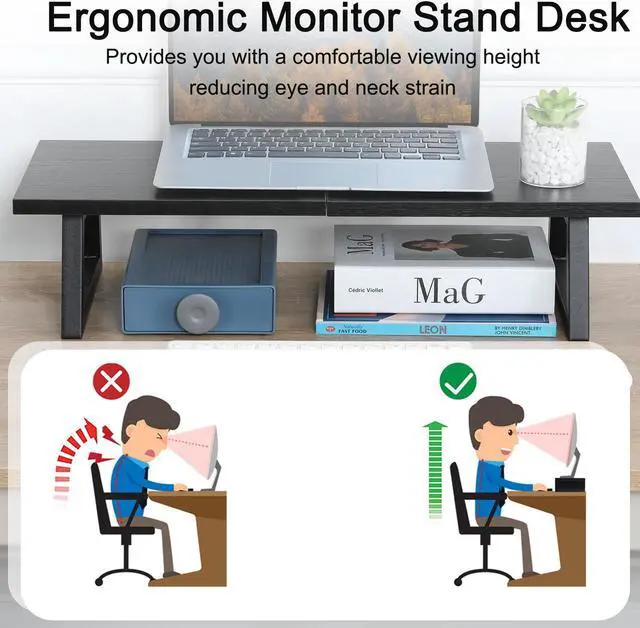 Alt view image 4 of 5 - TEAMIX 24 inch Monitor Stand Riser, Black Wood & Steel Computer Monitor Stand with Storage, Laptop, PC, Printer Stand Riser for Desktop Office Desk Organizers