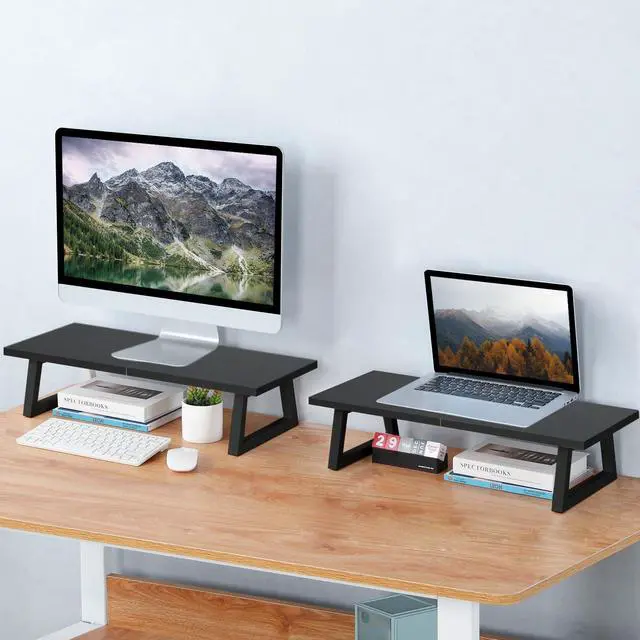 Alt view image 2 of 5 - TEAMIX 24 inch Monitor Stand Riser, Black Wood & Steel Computer Monitor Stand with Storage, Laptop, PC, Printer Stand Riser for Desktop Office Desk Organizers