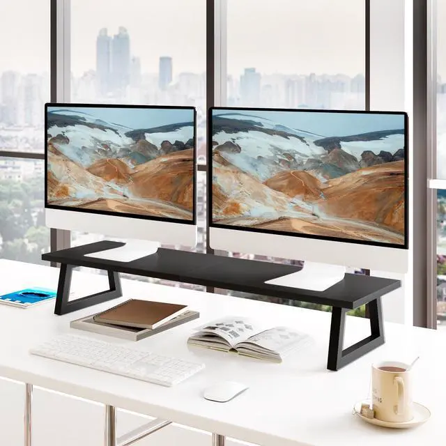 Alt view image 2 of 5 - TEAMIX 31.5 inch Dual Monitor Riser, Long Black Monitor Stand Riser Wide TV Stand Riser Monitor Stand for 2 Monitors Wood & Steel Desktop Riser Desk Organization Home Office