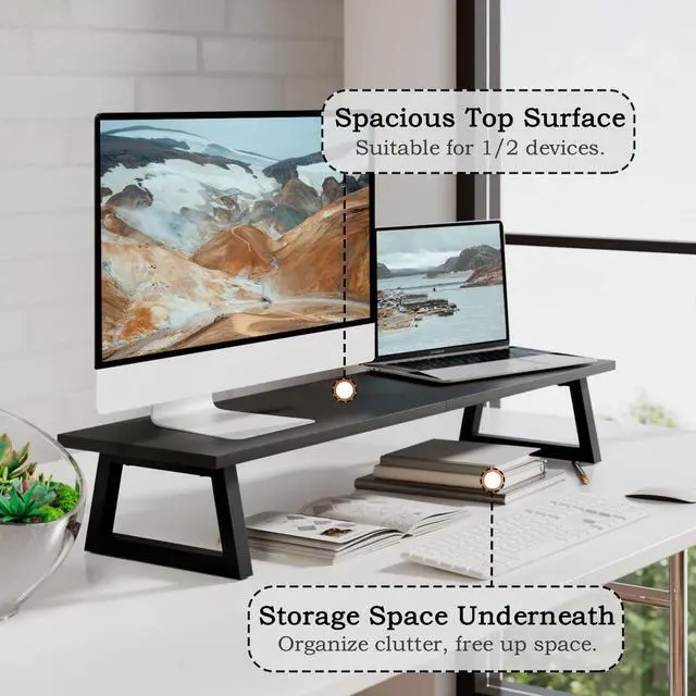 Alt view image 3 of 5 - TEAMIX 31.5 inch Dual Monitor Riser, Long Black Monitor Stand Riser Wide TV Stand Riser Monitor Stand for 2 Monitors Wood & Steel Desktop Riser Desk Organization Home Office