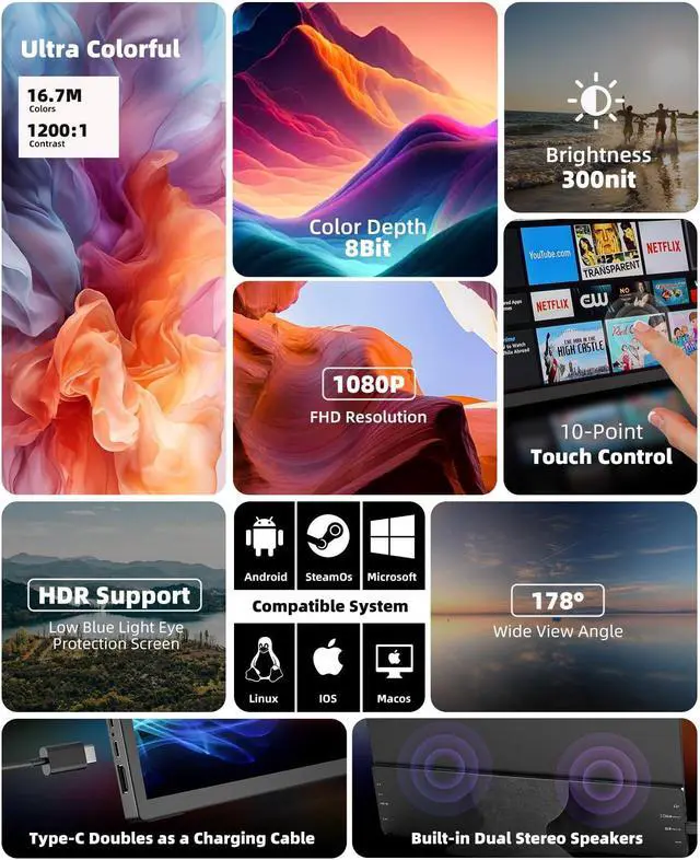 Alt view image 2 of 4 - Portable Monitor Touchscreen 15.6 Inch 1080P FHD IPS Screen with Tempered Glass Metal Frame Kickstand, Travel Gaming Monitor with Dual Speakers, USB C, HDMI Port for PC MAC Phone Xbox PS4/ 5 Switch